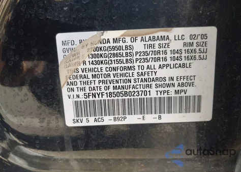 2005 Honda Pilot Ex-L z USA, uszkodzony, nr VIN 5FNYF18505B023701